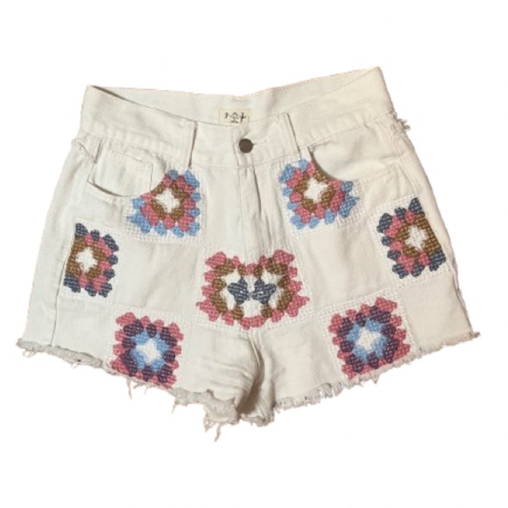 POL White Jean Shorts with Multicolor Crochet Squares